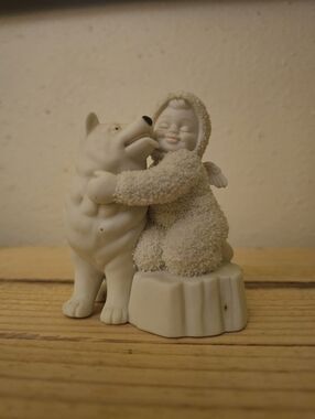 Snow Baby White Ceramic Baby Hugging Wolf/Husky Figurine